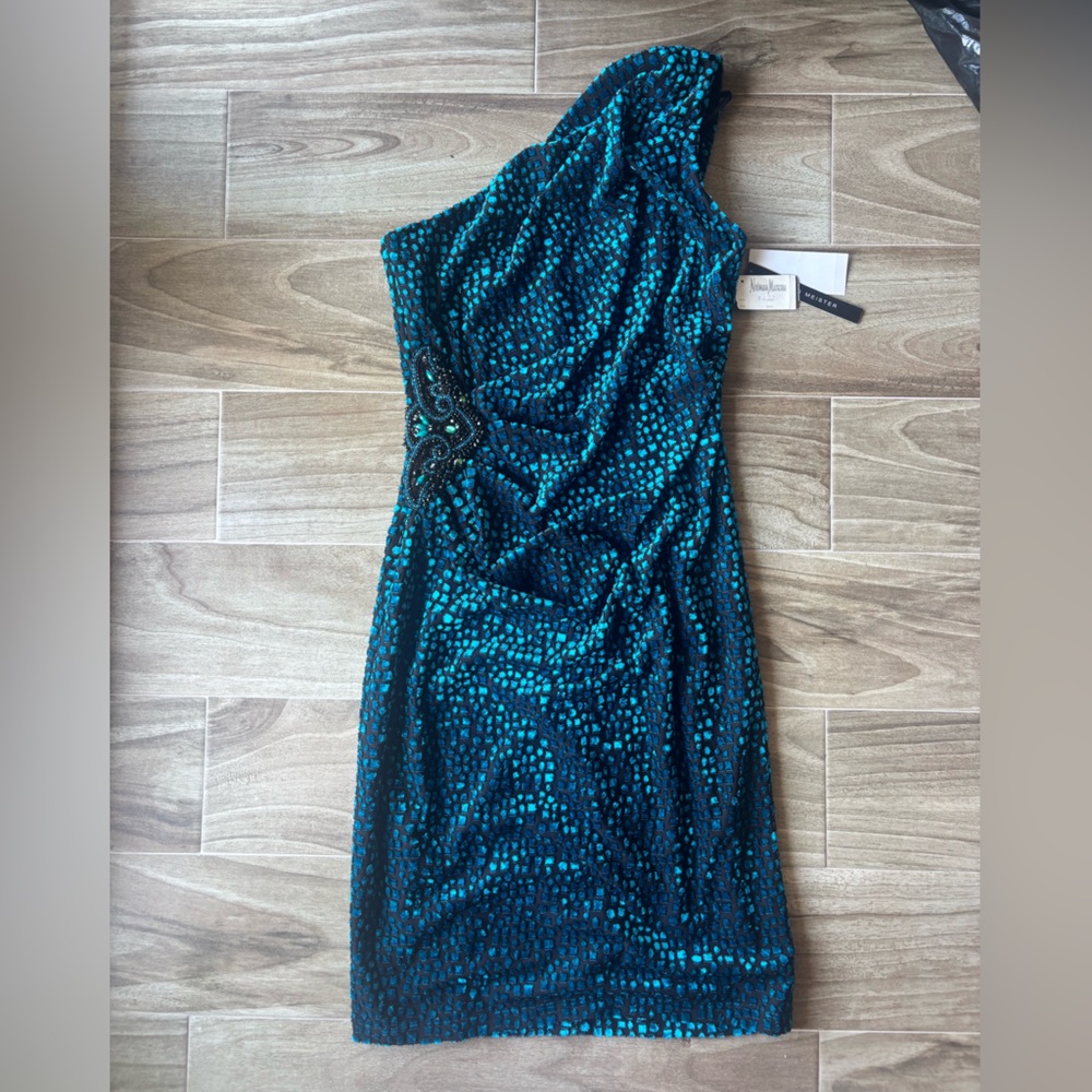 David Meister Black and Teal Textured Dress